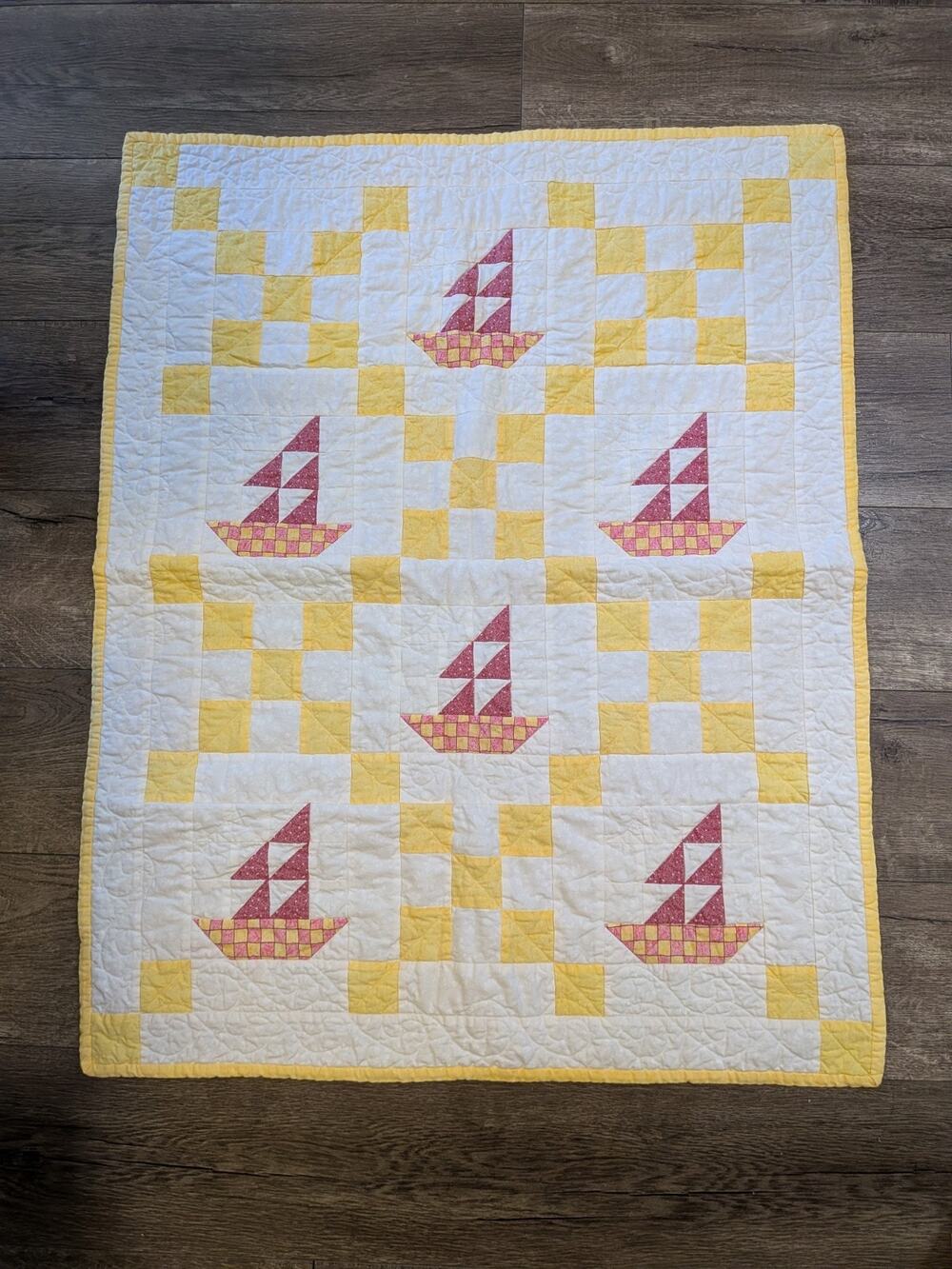 Vintage 1995 Handmade Sailboat Baby Quilt Signed Carol Paasch Cottagecore 28x34